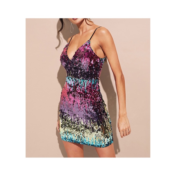 Multicolor Pink Bodycon Sequin Cocktail Dress - Picture 3 of 8
